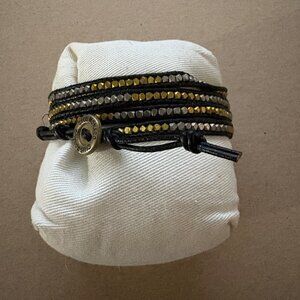 Club Monaco black leather multiple wrap bracelet with gold & pewter metal beads